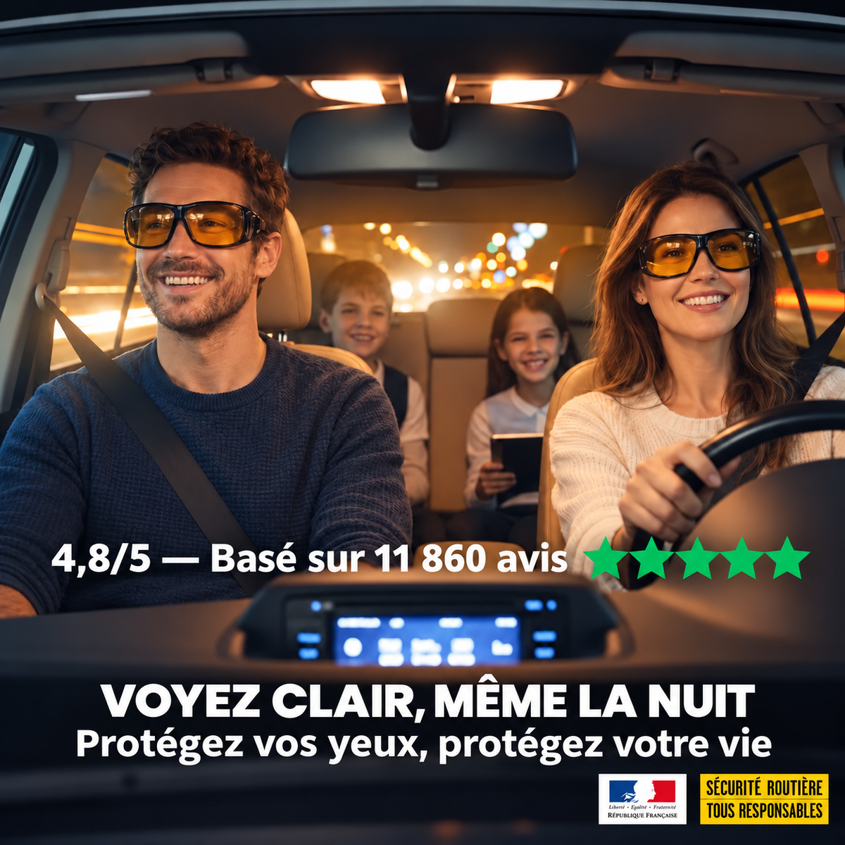 Une famille en voiture avec les sur-lunettes DRIVEOPTIC